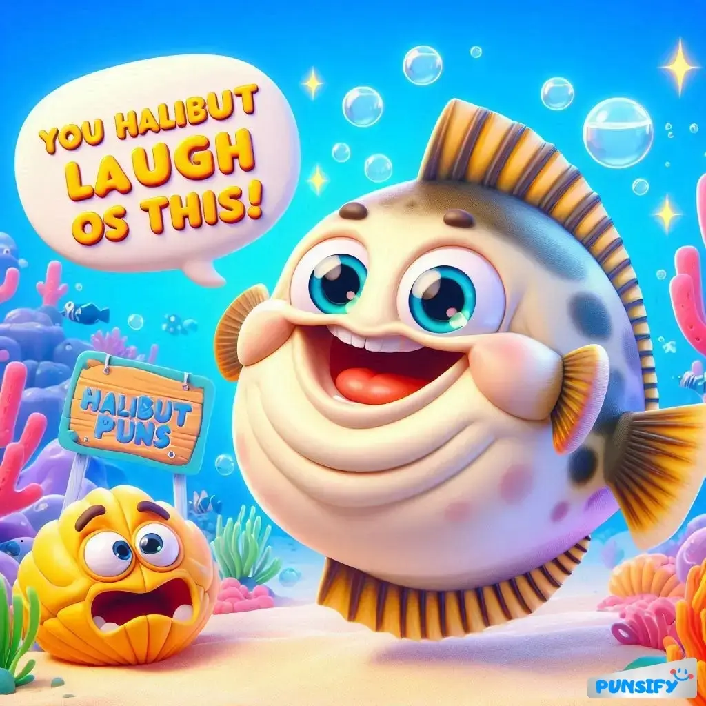 Happy fish with a big smile and pun text. Cute sea creatures around.