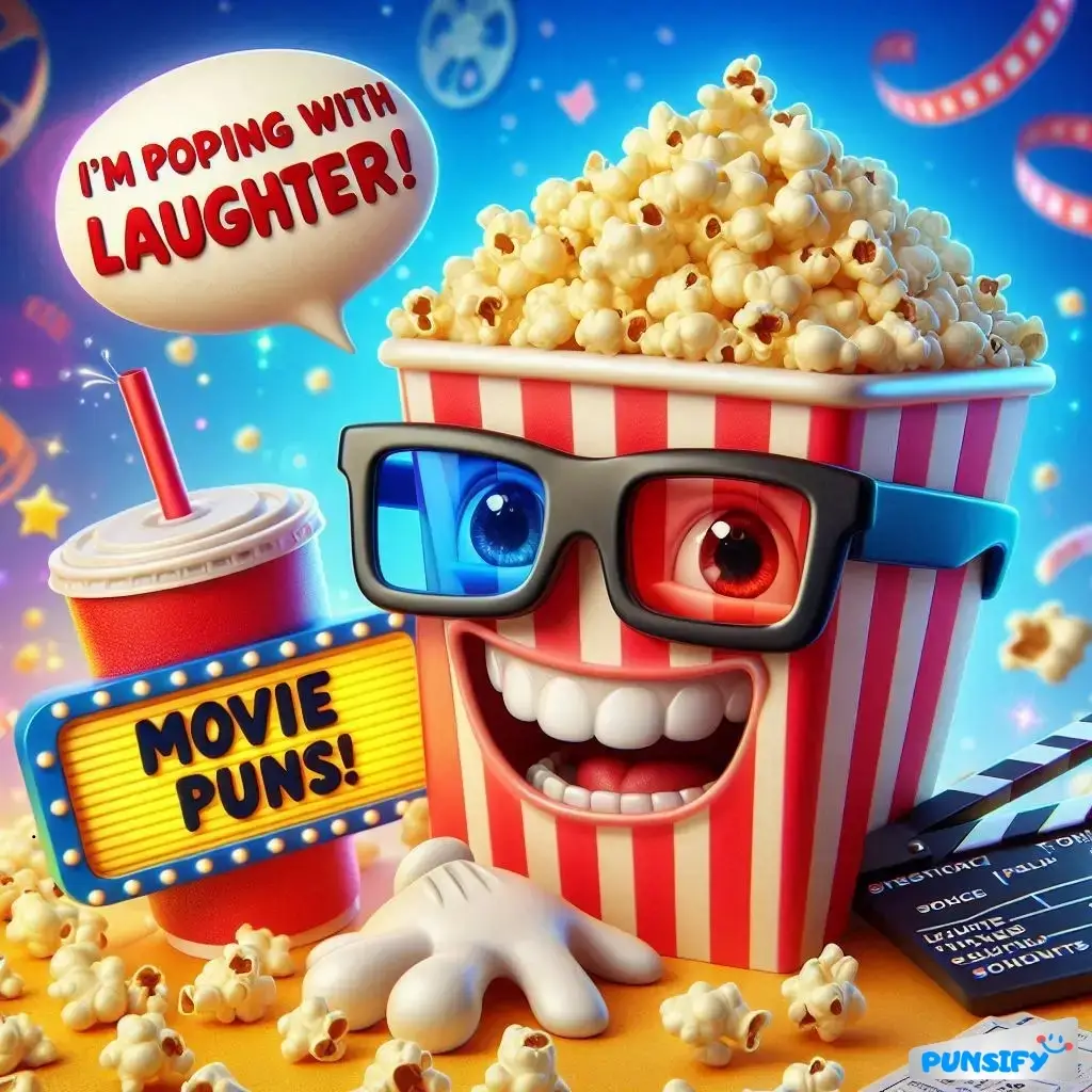 A cheerful popcorn bucket wearing 3D glasses, smiling with a drink beside it.