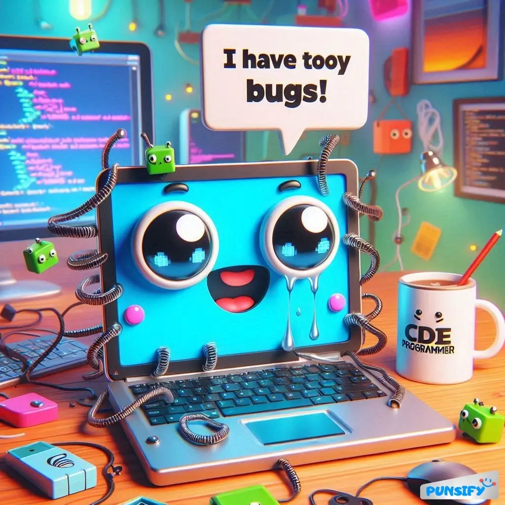 A cute, cartoonish laptop with big eyes and tears, surrounded by small green bugs.