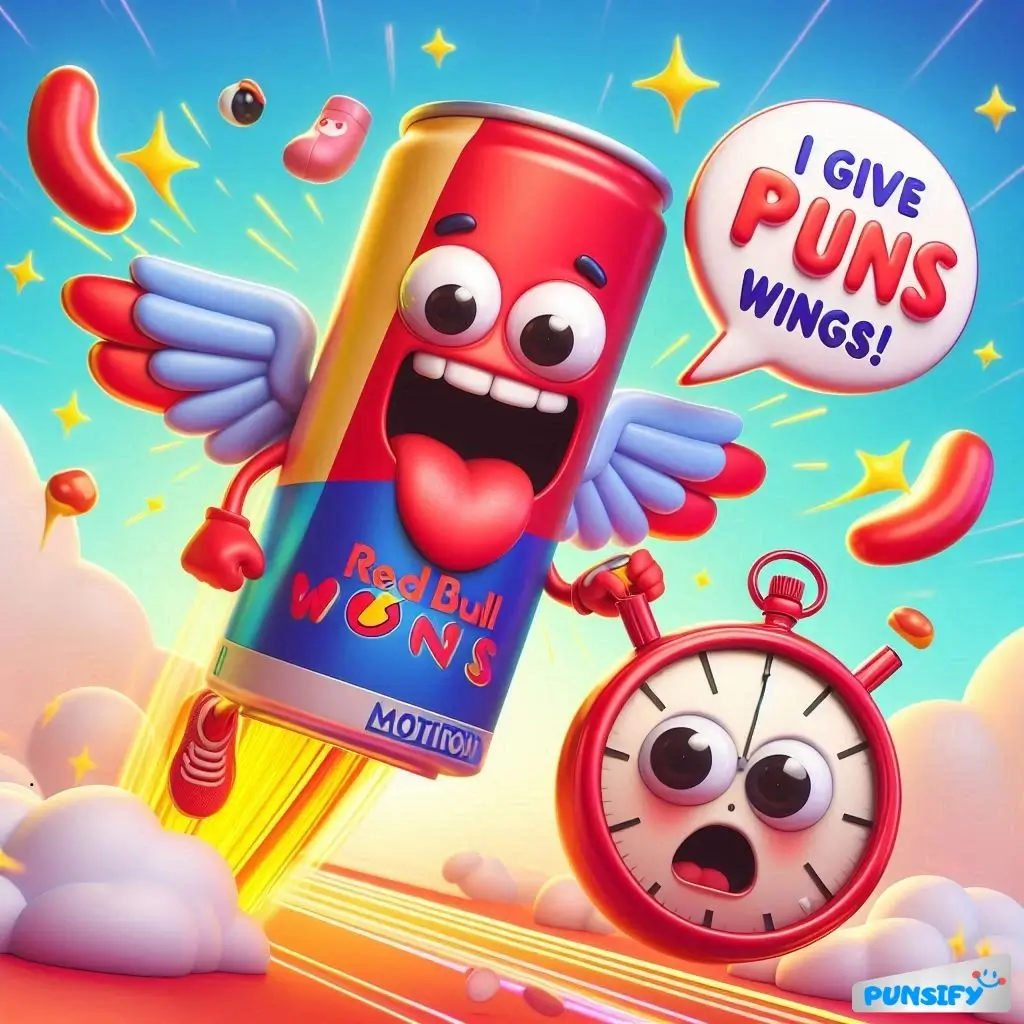 A can with wings and a stopwatch, both smiling, in a playful scene with clouds.