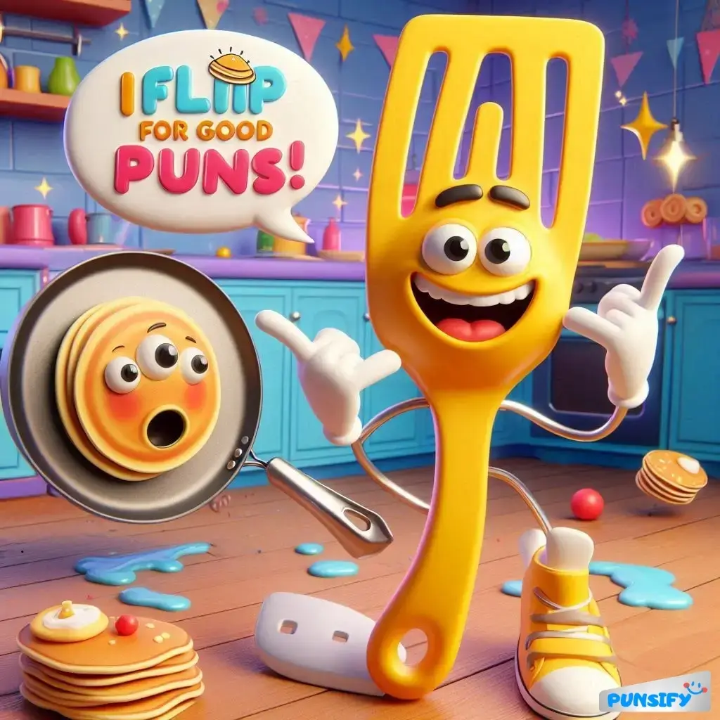 A happy spatula with eyes and a pancake in a pan, surrounded by pancakes and kitchen decor.