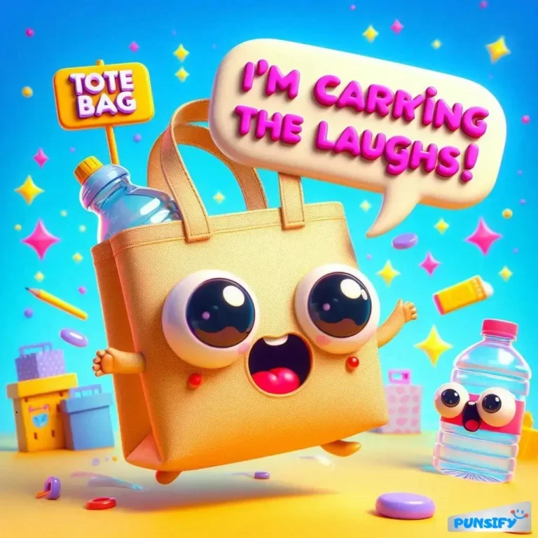 A lively tote bag with big eyes and a playful expression, holding a water bottle.