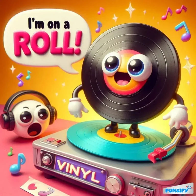 A playful vinyl record character with big eyes stands on a turntable, speaking cheerfully.