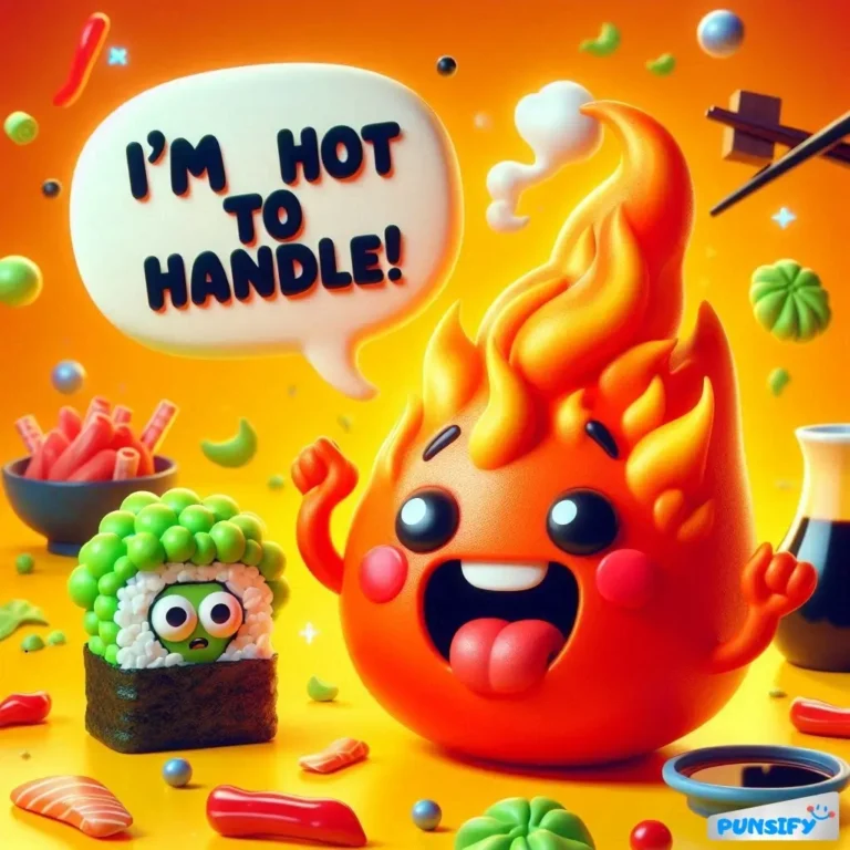 A cheeky flame character with a big smile and a tongue out, beside a surprised sushi roll.